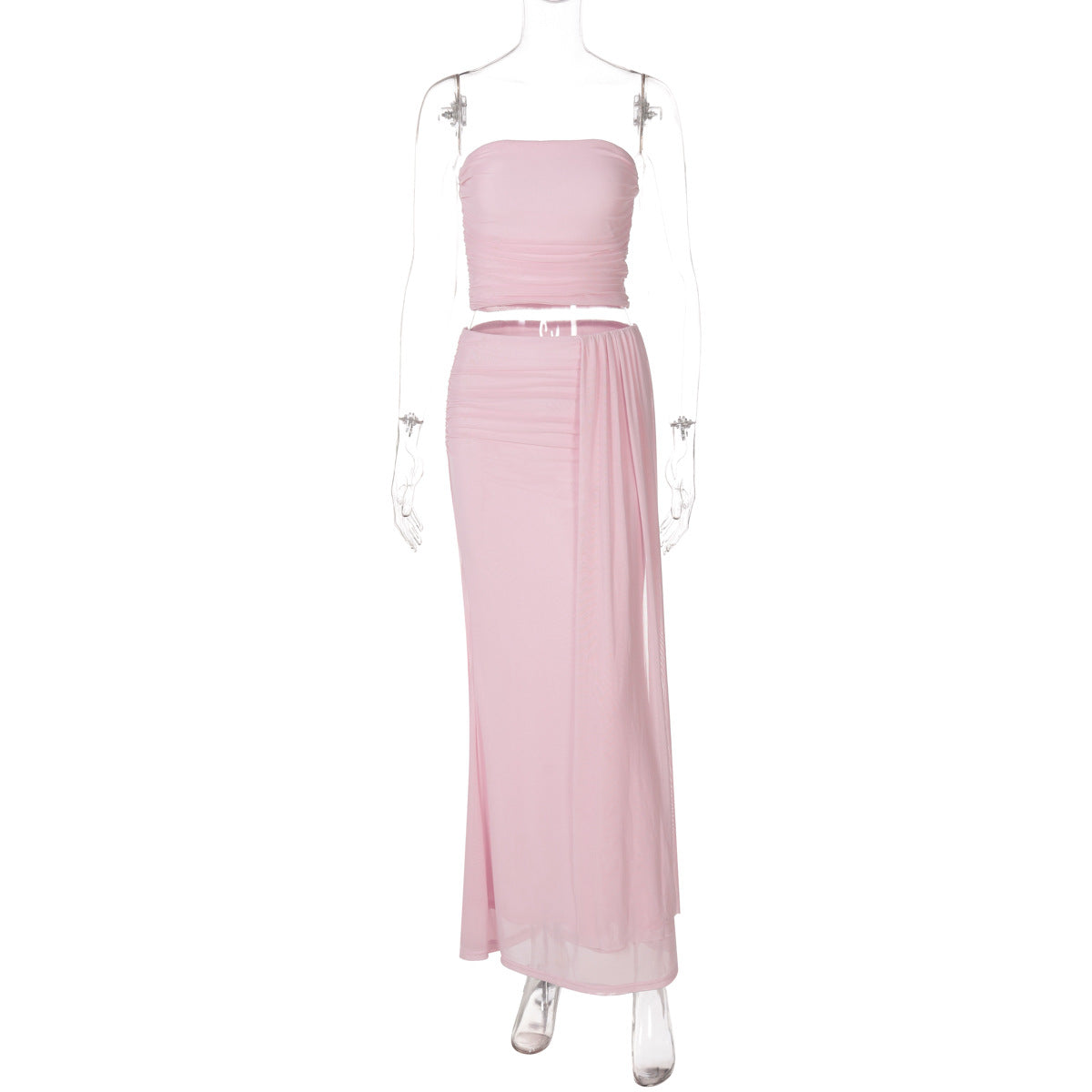 Womens Western-style Solid-color Mesh-panel Wrap-front Midi Skirt Two-piece Set