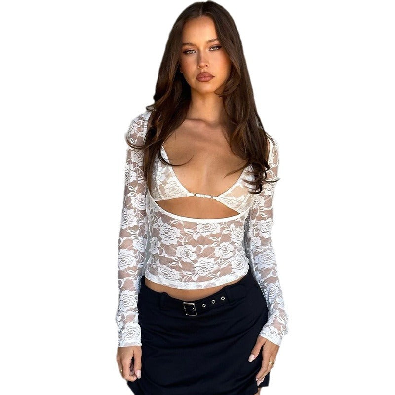Womens Sheer Lace Camisole Lingerie Two-Piece Set With Long-Sleeve Top