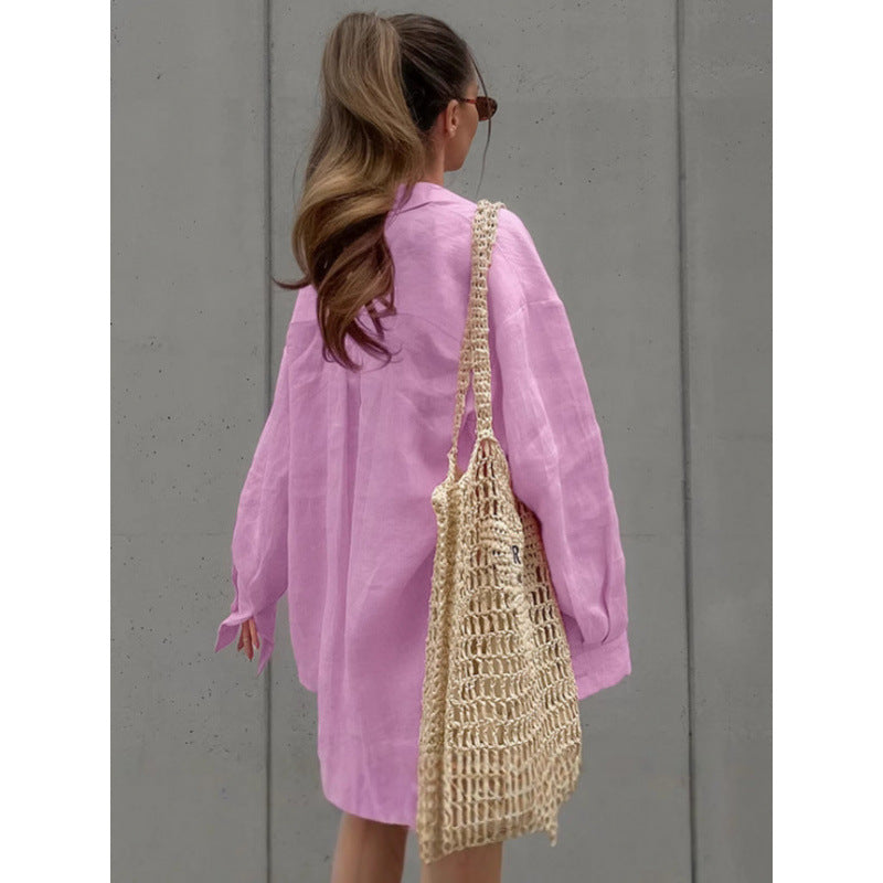 Pink Single Breasted Loose Fit Long Sleeve Shirt And Elastic Waist Casual Cropped Pants Two Piece Set