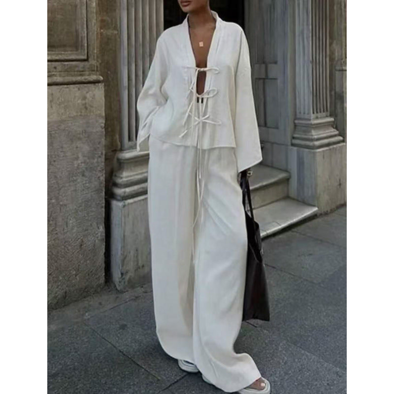High-end Lace-up Shirt And Pants Casual Fashion Set
