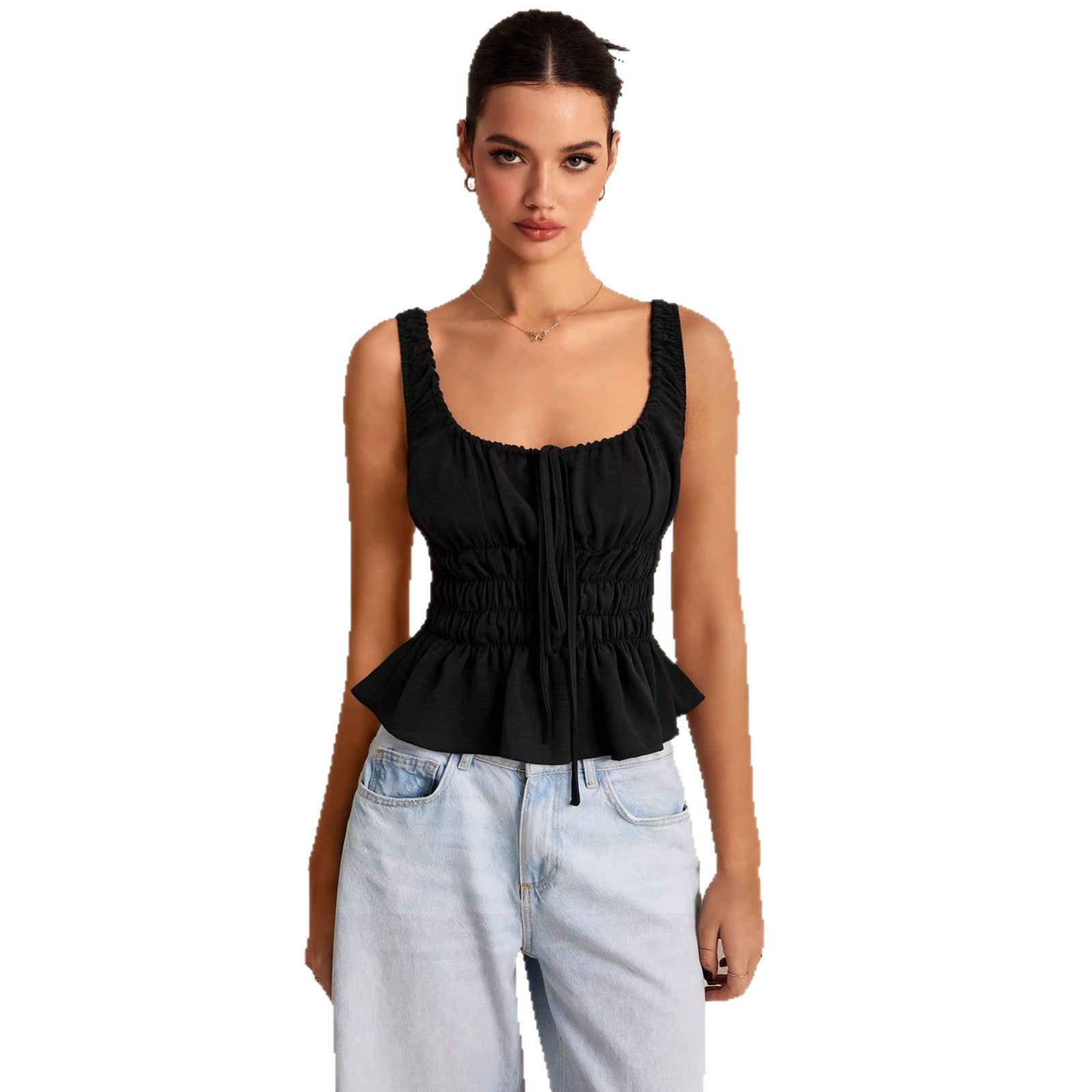 Square-neck Drawstring Pleated Camisole For Women Waist-cinching And Slimming