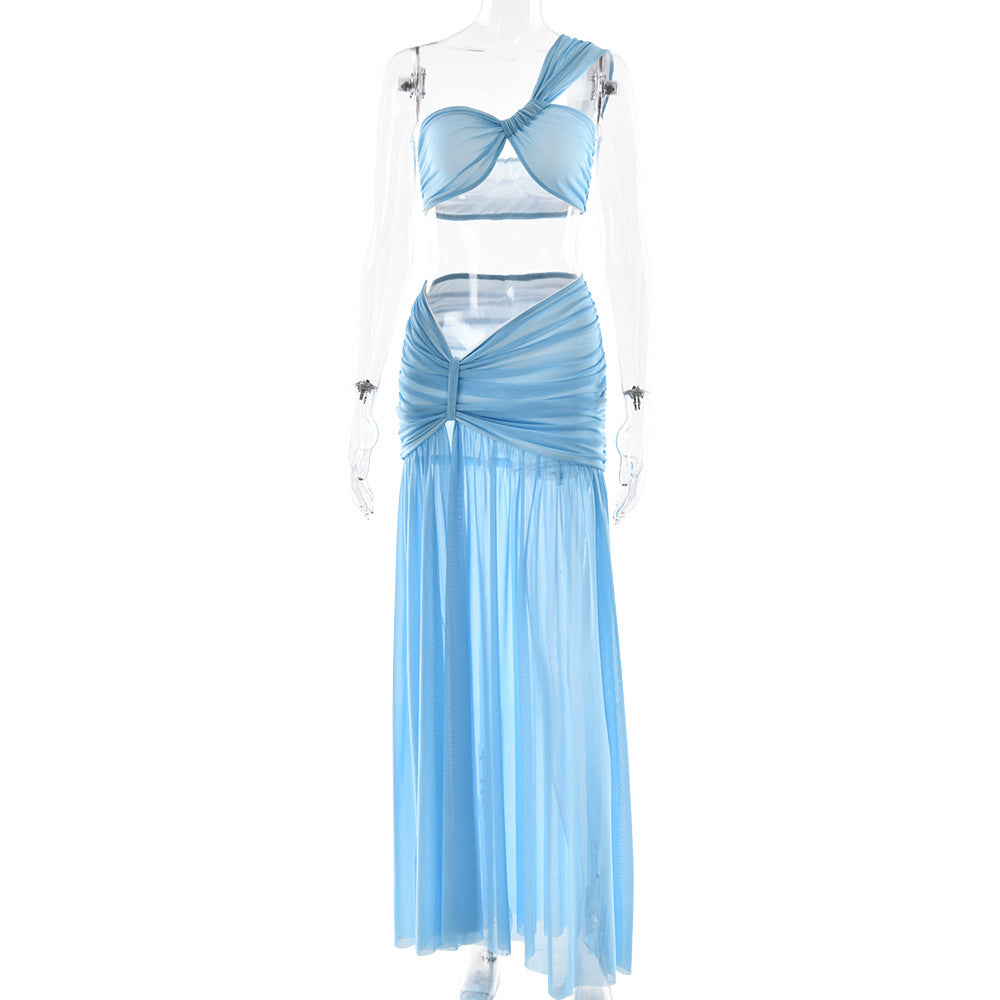 Mesh One-shoulder Top Two-piece Set Sexy Slit Pleated Dress Suit