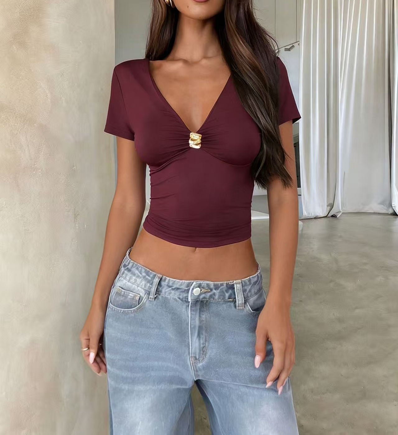 Sexy Short-Sleeve T-Shirt Womens V-Neck Pullover Tops Upper Garment