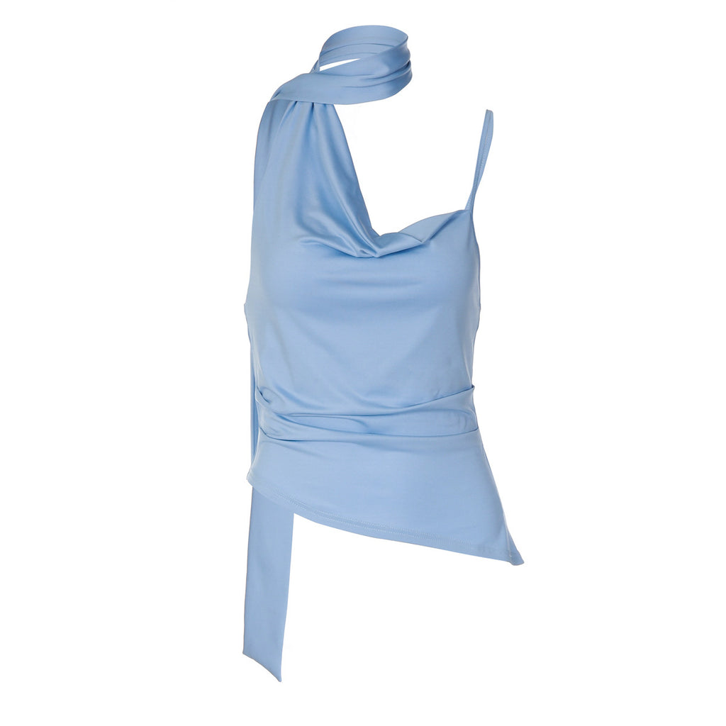 Womens Allure-Style Halterneck Flowy Strap Solid-Color One-Shoulder Camisole Top