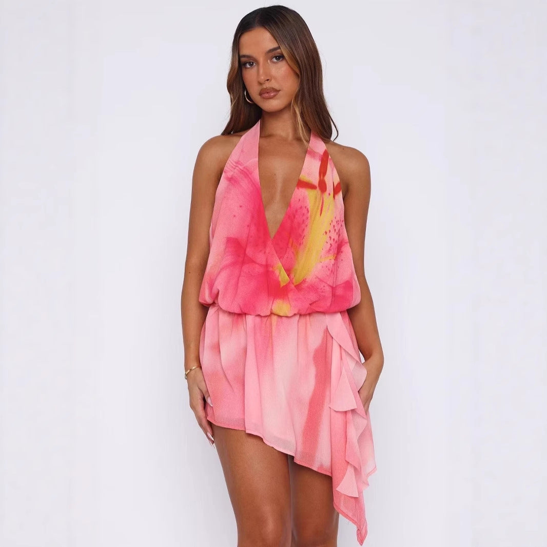 Sexy Halterneck Off-Shoulder Irregular Print Dress