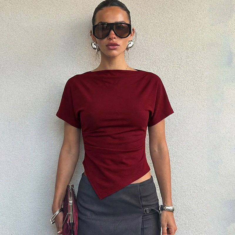 Fashionable Slim-fit Solid-color Short-sleeve Top For Women